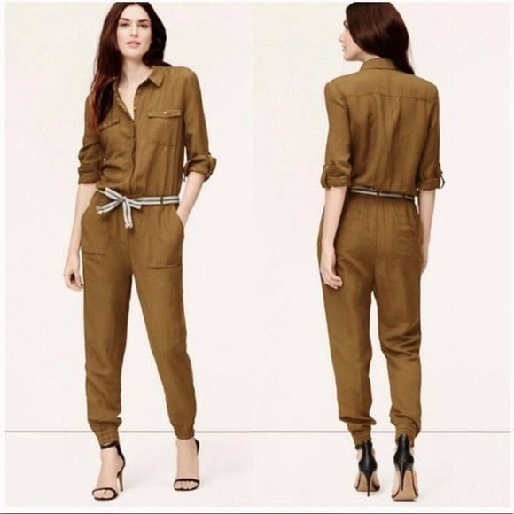 LOFT Pants & Jumpsuits Loft Linen Utility Cargo Olive Khaki Jumpsuit Poshmark